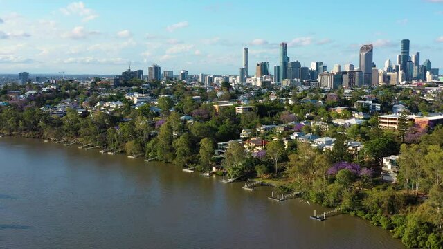 Aerial view of the Brisbane River and homes in the Dutton Park suburb of Brisbane, Queensland, Australia