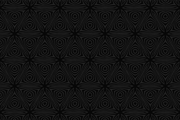 Obraz na płótnie Canvas Geometric black wallpaper. Ethnic background with volumetric composition with 3D effect of convex shape. Design for presentations, websites, textiles.