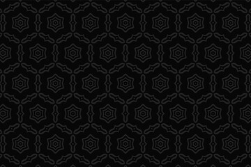 Obraz na płótnie Canvas Geometric stylish black wallpaper with ethnic ornament. Background with volumetric composition with 3D effect of convex shape. Design for presentations, websites.