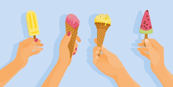 ice cream in hands big vector set Variety of isolated vector hands holding icecream, fruit ice cream sorbet. Trendy hand-drawn illustration for banner greeting card and stationery design Summer symbol