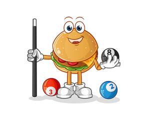 burger plays billiard character. cartoon mascot vector