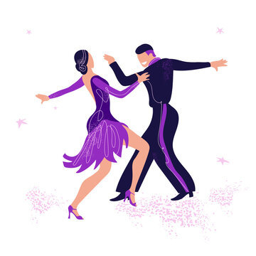 Dancing couple. Trendy vector illustration of professional ballroom dancers for poster, banner. International Latin: Cha cha, Samba, Rumba, Paso Doble, Jive. American Rhythm: Salsa, Mambo,  Swing.