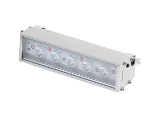 Fototapeta premium Portable battery led flood light projector in aluminum housing isolated on white background