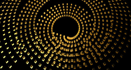 Golden cubes forming a spiral on black background. Glitter, glamor, gold. 3D illustration. Render.