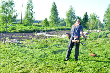 Man is mowing the grass with a mower, view from the back