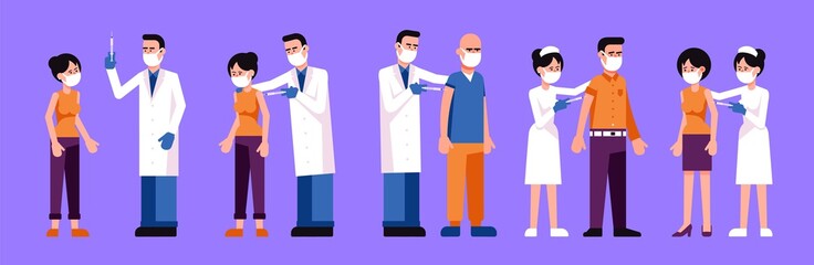 Patients are vaccinated by doctors and nurses. Mass vaccination against covid-19. Vector illustration.