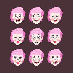 Set of woman's emotions. Facial expression. Girl Avatar, illustration in flat design