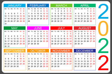 Calendar 2022 yearly. Week starts on Monday. Vector illustration.