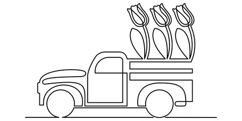 Retro pickup truck with tulips, continuous line. Vector illustration, isolated on white background.