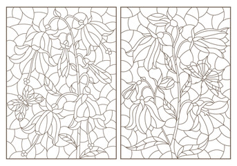 Set of contour illustrations with flowers, bells and butterflies, dark outlines on a white background, rectangular image