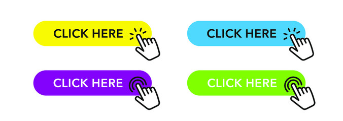 Set of Click here buttons with hand pointer. Buttons for web and apps.