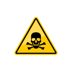 Death warning sign isolated yellow triangle with skull and crossed bones. Vector warns of danger symbol, poison or able to kill warning sign. Toxic wastes warning sign with head skeleton