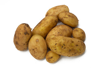 Dirty potatoes isolated on white background. Pre-cut image for projects, flyer etc. Fresh unwashed potatoes with soft shadows. Top  view, horizontal shot
