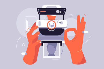 Old retro polaroid camera vector illustration. Hands holding device for taking pictures with instant photo card flat style. Technology concept. Isolated on grey background