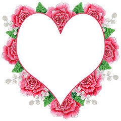 Watercolor pink rose floral heart shaped frame.