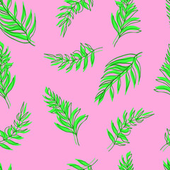 seamless pattern palm leaves green leaves and contours on background. For textiles, packaging, fabrics, wallpapers, backgrounds, invitations. Summer tropics