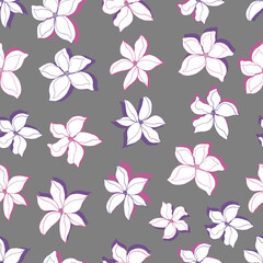  seamless pattern multicolored flowers with shadow. Botanical illustration for wallpapers, textiles, fabrics, wrapping paper, postcards, backgrounds.