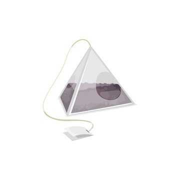 Teabag pyramid with label isolated black tea mockup. Vector tea bag with blank tag on thread, template of packaging. Porous sealed packet with tea-leaves traditional English or chinese triangle teabag