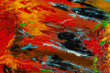 Abstract creative background: streaks and strokes of bright oil paint on linen canvas before tone...