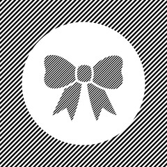 A large bow symbol in the center as a hatch of black lines on a white circle. Interlaced effect. Seamless pattern with striped black and white diagonal slanted lines