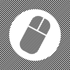 A large computer mouse symbol in the center as a hatch of black lines on a white circle. Interlaced effect. Seamless pattern with striped black and white diagonal slanted lines