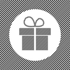 A large gift symbol in the center as a hatch of black lines on a white circle. Interlaced effect. Seamless pattern with striped black and white diagonal slanted lines