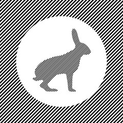 A large hare symbol in the center as a hatch of black lines on a white circle. Interlaced effect. Seamless pattern with striped black and white diagonal slanted lines