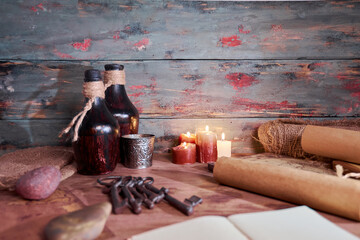 scented candles and other items on rustic wooden table