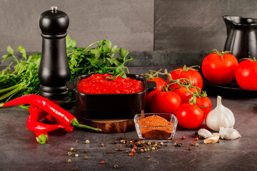 Salsa Sauce. Spicy, colorful Mexican salsa sauce with hot peppers and tomatoes on a dark background.Classic homemade Italian tomato sauce  for pasta  pizza in  on wooden background.