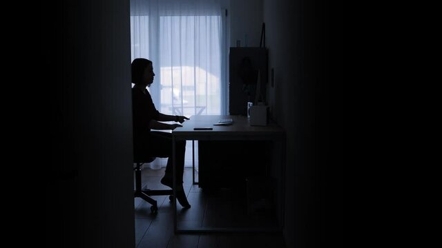 Young entrepreneur working from home, sit down at computer, silhouette static.