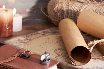 scented candles and other items on rustic wooden table