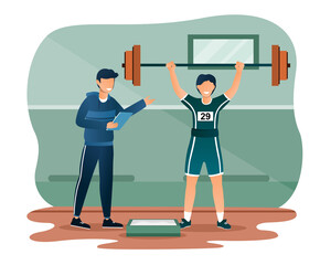 Male character in sport suit is lifting the barbell. Smiling coach is standing near with clipboard and giving instructions. Man is holding the barbell over the head. Flat cartoon vector illustration