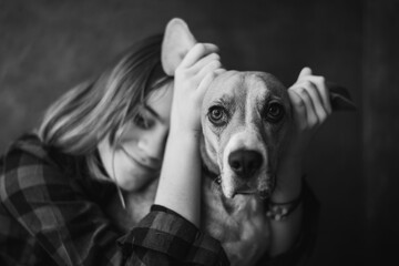 The pet is a funny dog of the beagle breed. The girl smiles and hugs the animal. Black and white image in vintage style.