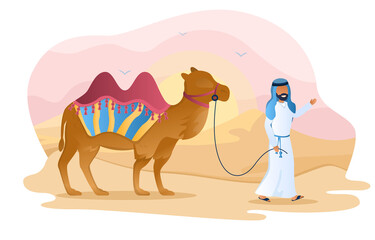 Male arab character is walking his camel through desert. Man in arab clothes is walking with camel on a hot summer sunset. Flat cartoon vector illustration