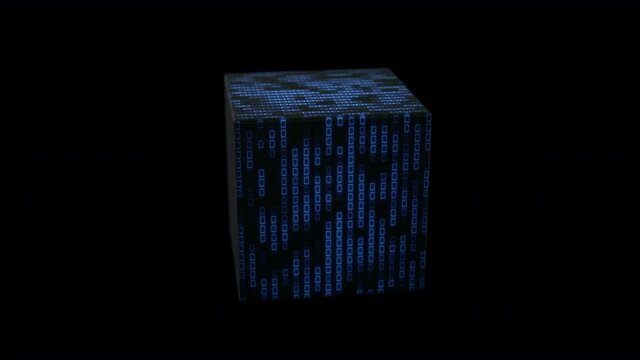 Cube with blue glowing data display blocks. Abstract sci-fi concept. Seamless loop 3D render animation