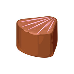 Homemade candy in shape of seashell isolated confectionery. Vector sweet dessert, cocoa treat, high in calories food. Chocolate candy with praline and ganache filling, confection symbol close up