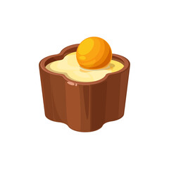 3D chocolate candy with milky cream and glazed ball decor isolated sweet confectionery food. Vector brown choco treat, yummy candy with caramel. Homemade praline, cacao product realistic design