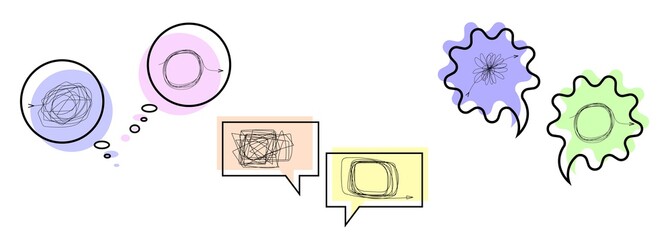 A set of three lines. Bubbles. A message of chaos. Different kinds of tangled lines. Search for a way out, confusion of thoughts, search for a way out of the current situation, vector