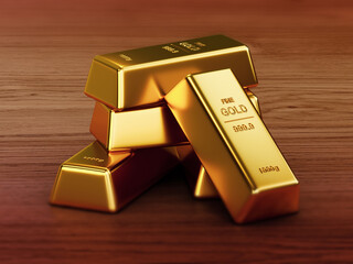 gold bars on a wood floor  3d render.