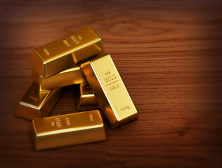 gold bars on a wood floor  3d render.