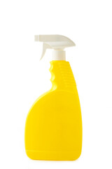 Yellow plastic spray detergent bottle isolated on white background.