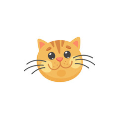 Happy ginger cat with long whiskers isolated happy emoticon. Vector red cat snout, feline purebred, short hair striped cat. Portrait of smiling kitten, head or print of home friendly animal