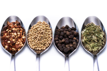 Four silver spoons holding red pepper, mustard seeds, black peppercorns, and fennel seeds, white background