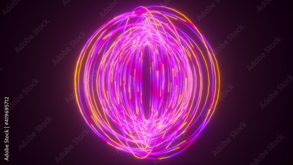 Poster circular rotation of thin neon splines, computer generated. 3d rendering of abstract futuristic back