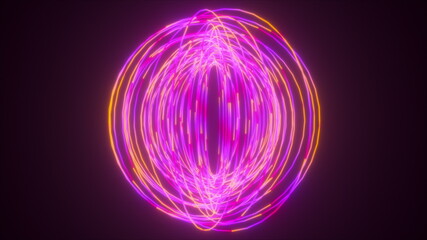 Circular rotation of thin neon splines, computer generated. 3d rendering of abstract futuristic backdrop