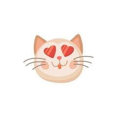 Cat snout with heart shaped eyes isolated cartoon animal head. Vector cute kitty valentines day symbol, lovely animal symbol of love and passion. Kitten head portrait, tattoo design, meow emoticon