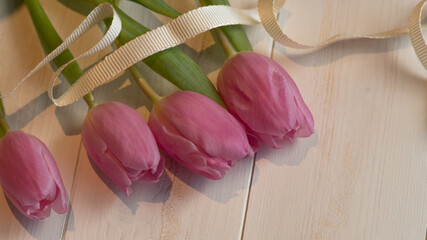 Tulips on wooden background with copy space. Spring flowers of tulips. Holiday greeting for Mothers day, Easter, Womans day. Pink and warm white gentle colour baby pink flower border