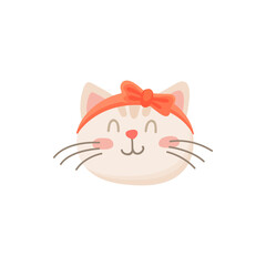 Fototapeta premium Kitten girl with bow on head isolated pleased cat. Vector happy emoticon, cat in good mood, kitten snout with closed eyes emoji sticker. Lovely cat-girl with bobby pin or barrette on head