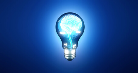 Shining human brain inside a light bulb. Brainstorming concept.Idea or insight 3D illustration