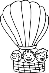 Children fly in a hot air balloon. Cute vector hand drawn doodle. Black isolated on white background.